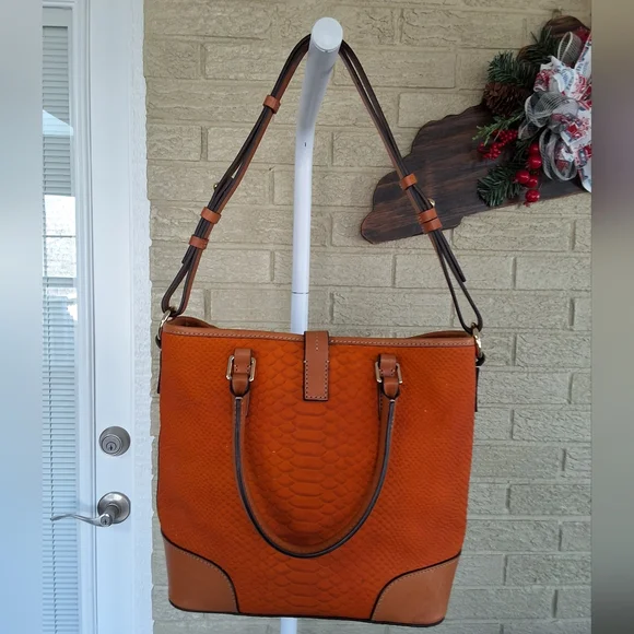 Dooney & Bourke Ostrich Orange and Brown Tote with Structured Design - Picture 2 of 14